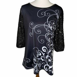 Tunic Top with 3/4 Sequined Sleeves Black White